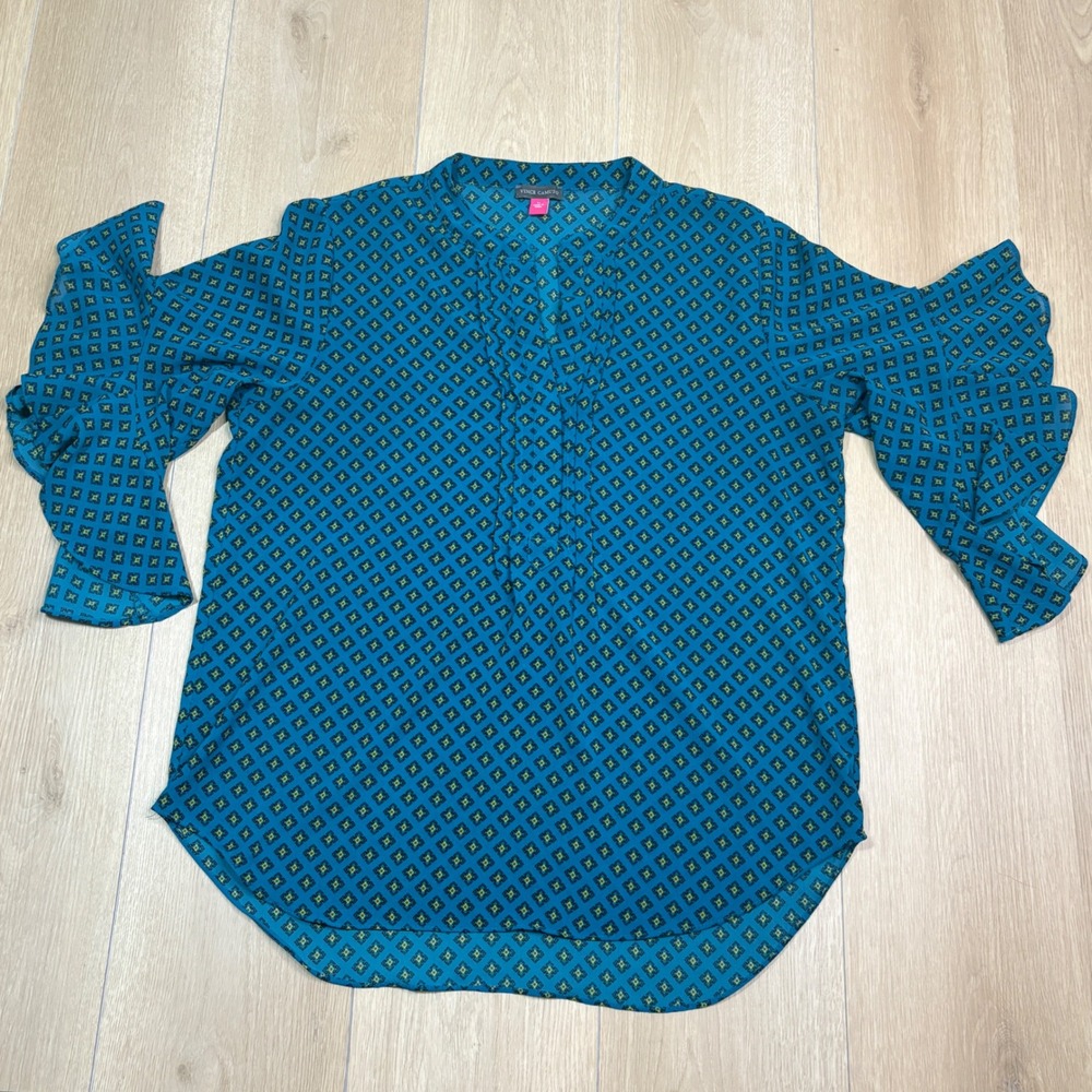 Vince Camuto Teal Blue Geometric Abstract Print Bell Ruffle Sleeve Blouse Medium